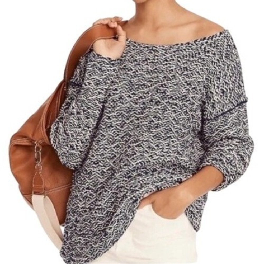 J.Crew Womens XL Navy White Marled Knit Oversized Boat Neck Sweater Exposed Seam